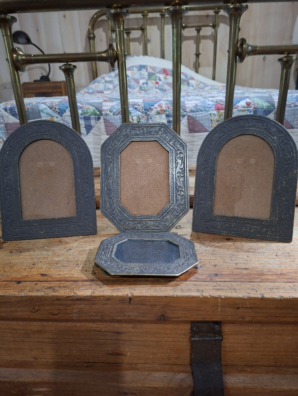 Decorative Vintage Stamped Bronze Picture Frame Easle Back Lot Of 4